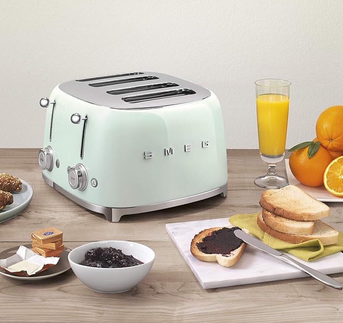 Smeg 50s Retro 4-Slot Toaster TSF03PGUS Bundle with Bamboo Tongs - Pastel Green