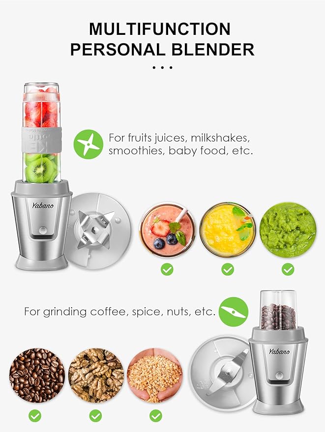Personal Blender Electric Shake Bottle with 2 x 20oz Travel Bottle and Coffee/Spices Jar Portable Shaker Cups for Protein Shakes 500W Single Serve Blender for Shakes and Smoothies Sports(Grey)