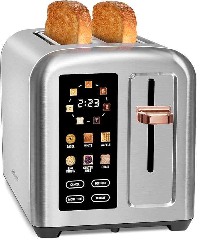 SEEDEEM Toaster 2 Slice Touch Control Stainless Toaster LCD Display 50% Faster Heating Speed 1.4'' Wide Slots More Timer Functions Removable Crumb Tray 1350W Silver Metallic