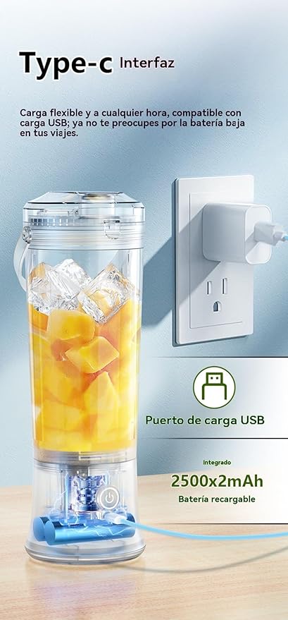 Portable Electric Juicer Blender Stainless Steel Blade 500ml Capacity USB Rechargeable Personal Size Smoothie Maker with Carry Handle (as shown)
