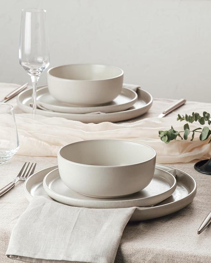 Famiware Milkyway Stoneware Dinnerware Sets with Pasta Bowls Service for 6 (24 Pieces) Reactive Glaze Plates and Bowls Sets Microwave and Dishwasher Safe Dishes Set Matte Beige White