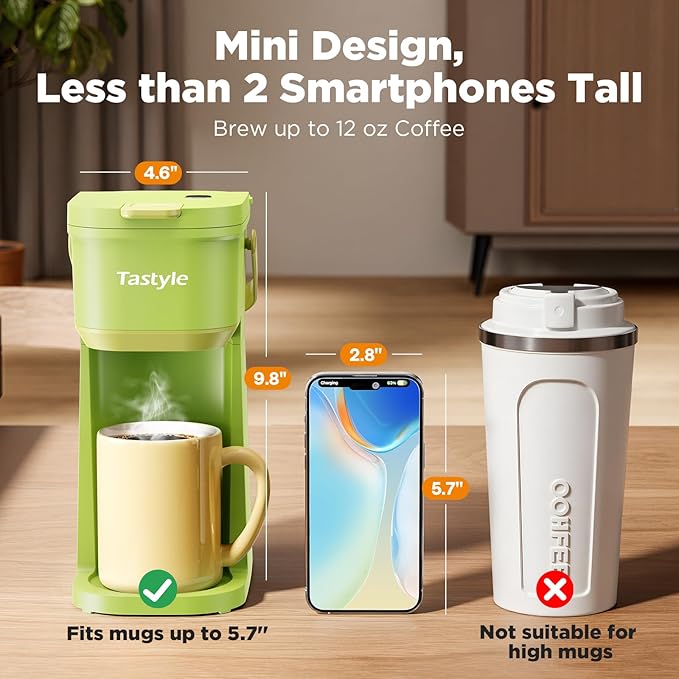 Single Serve One Cup Coffee Maker for K Cups and Grounds Mini Coffee Maker with Portable Handle 6 to 12 Oz Brew Size for Travel Camping Office RV and Dorm 120V Lime Green