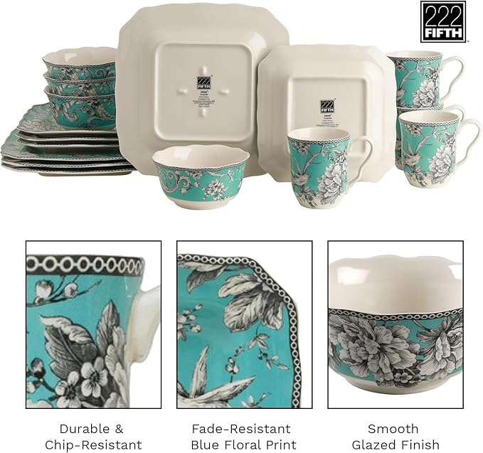222 Fifth Adelaide 16-Piece Square Floral Dinnerware Set – Service for 4 Turquoise Porcelain Plate Bowl &amp Mug Set Chip Resistant for Everyday Dining &amp Entertainment Microwave &amp Dishwa