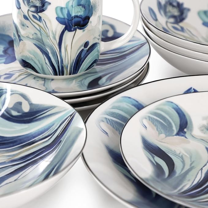 16‑Piece Porcelain Dinnerware Set with Floral Design – Round Plates Bowls and Mugs Microwave &amp Dishwasher Safe Tableware for 4 (Blue)