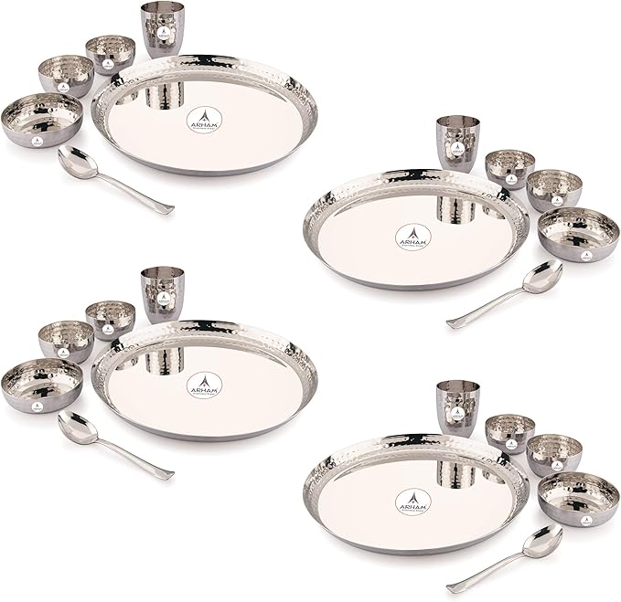 Hammered Dinner Set | Premium Saffron Thali Set | High Grade Steel Buffet Set Combo (24Pcs (4 Set Big))