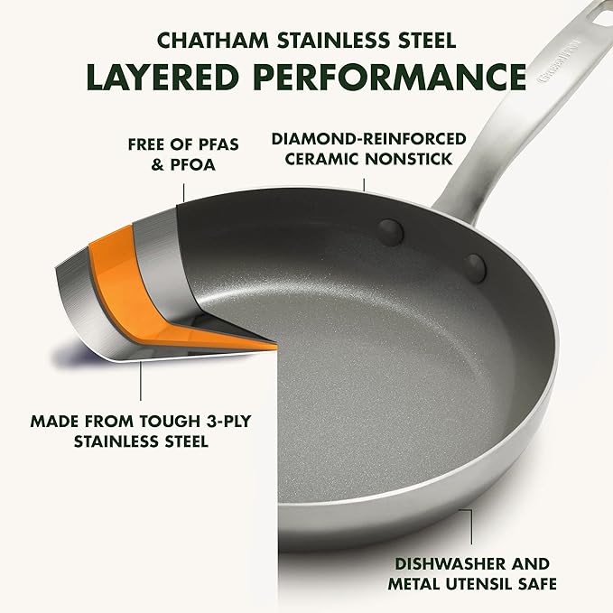 GreenPan Chatham Tri-Ply Stainless Steel 12 Piece Cookware Set PFAS-Free Pots and Pans Multiclad Induction Ready Fry Saute Sauce Pans Stockpot Dishwasher Safe Oven &amp Broiler Safe Silver