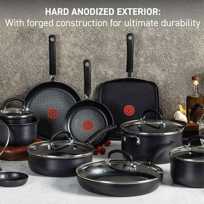T-Fal Ultimate Hard Anodized Nonstick Pots and Pans Set 17 Piece Nonstick Cookware Set with Fry Pan Saucepans Saute-Pan Griddle Dishwasher Safe Black