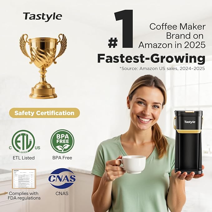 Single Serve One Cup Coffee Maker for K Cups and Grounds Mini Coffee Maker with Portable Handle 6 to 12 Oz Brew Size for Travel Camping Office RV and Dorm 120V Black and Gold
