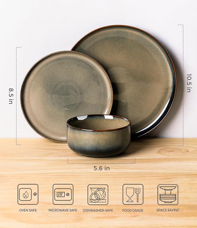 TheTerra Ceramic Dinnerware Sets for 4 12 Pieces Handmade Reactive Glaze Plates and Bowls Set Scratch Resistant Dish Set Oven &amp Microwave &amp Dishwasher Safe