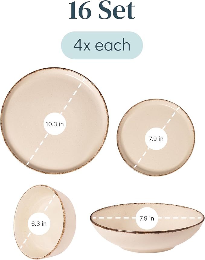 Earthenware dinnerware set 4 persons Rustic 16 pcs - Rustic design dinnerware set dishwasher safe - Bowl and plate set - Pure Living dinnerware in beige…