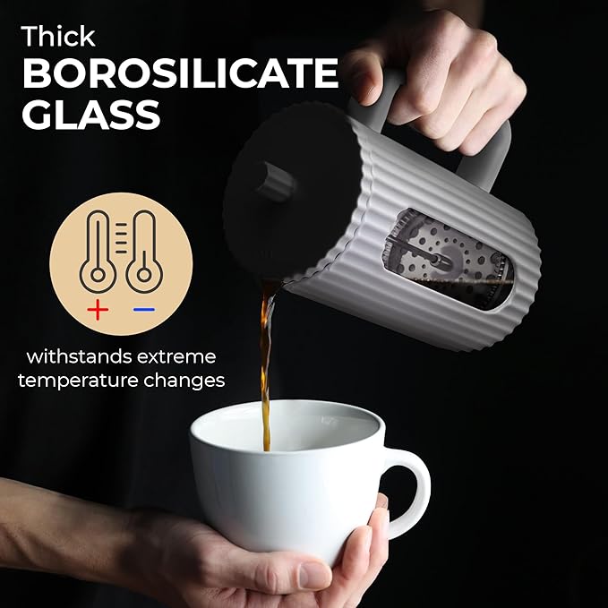 Kaffe French Press Coffee Maker (34oz / 1L) - Borosilicate Glass and BPA-Free Plastic Coffee Press - White - Lightweight Travel &amp Camping Coffee Maker