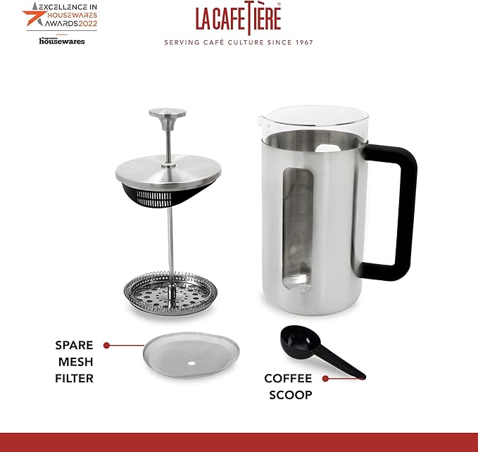 La Cafetière Pisa Brushed Stainless Steel Cafetière Eight Cup Silver Gift Boxed