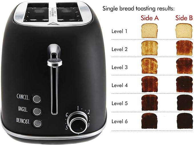 Rae Dunn Retro Rounded Bread Toaster 2 Slice Stainless Steel Toaster with Removable Crumb Tray Wide Slot with 6 Browning Levels Bagel Defrost and Cancel Options Black