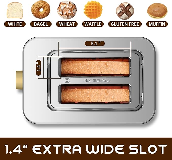 SEEDEEM Toaster 2 Slice Touch Control Screen Smart Stainless Toaster 6 Shade Setting 6 Bread Selection Countdown Removable Crumb Tray 900W Mint Green