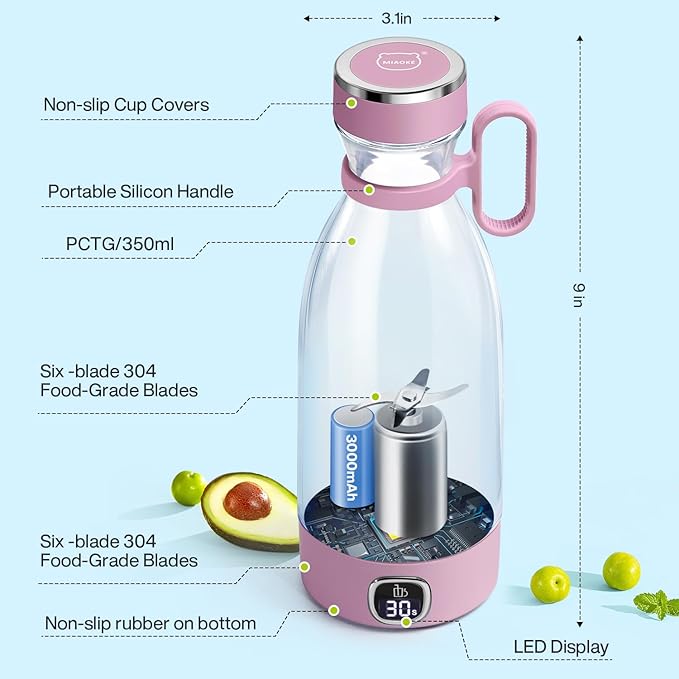 MIAOKE Portable Blender 6 Blades Juicer Cup for Juice Shakes and Smoothies 350ml Mini Blender with Led Display Usb Rechargeable3000Mah Rechargeable Battery for Home Outdoors Travel-Lceberry Pink