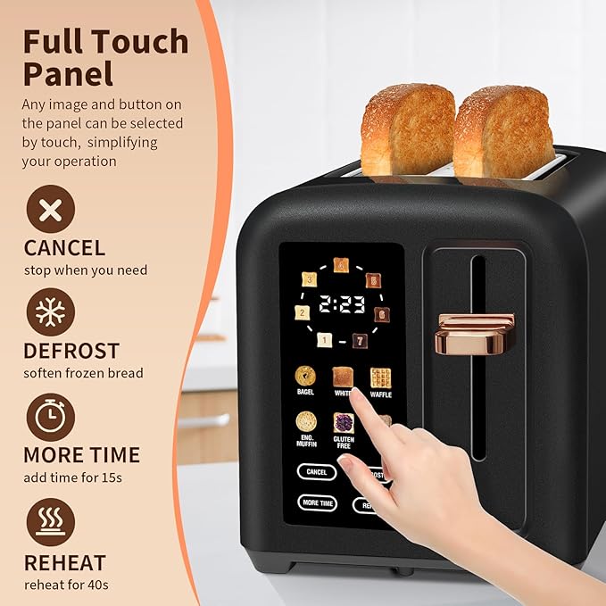 SEEDEEM Toaster 2 Slice Touch Control Stainless Toaster LCD Display 50% Faster Heating Speed 1.4'' Wide Slots More Timer Functions Removable Crumb Tray 1350W Dark Chocolate
