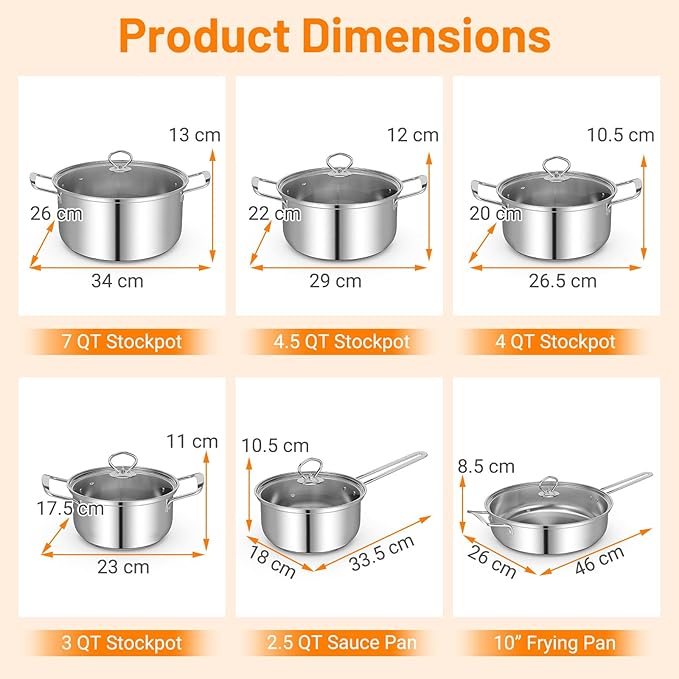GOFLAME 12 Piece Pots &amp Pans Set Stainless Steel Cookware Set with Tempered Glass Lids Handles &amp 3-Ply Base 4 Stockpots 1 Frying Pan &amp 1 Sauce Pan for Stovetop Induction Halogen