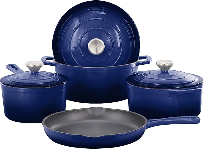 MegaChef 7 Piece Enameled Cast Iron Cookware Set in Blue