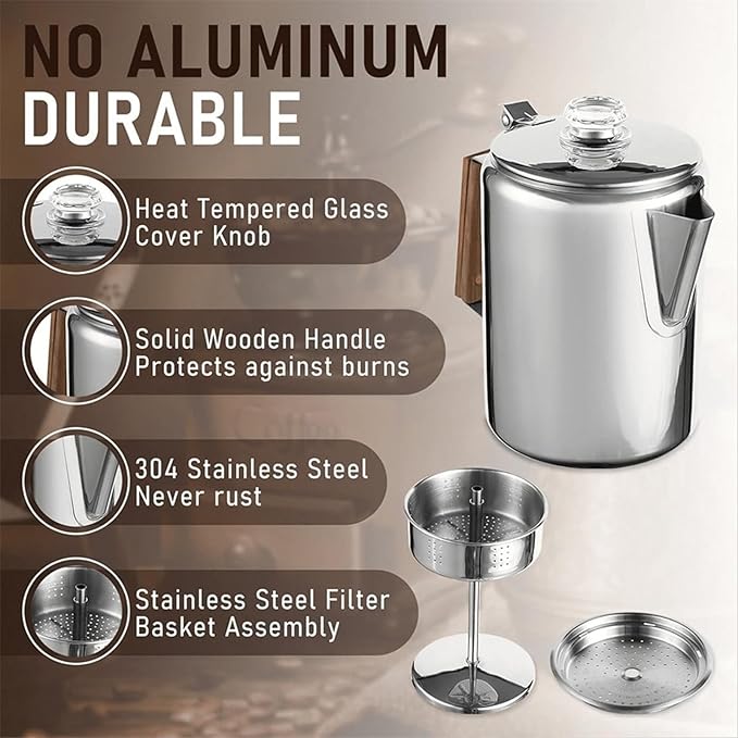 Camping Coffee Pot – Heat-Resistant Stainless Steel Build Quick Brew Portable Percolator Easy-Clean Handle Coffee Maker | Perfect for Outdoor Adventures Picnics Travel Home Kitchen and Group