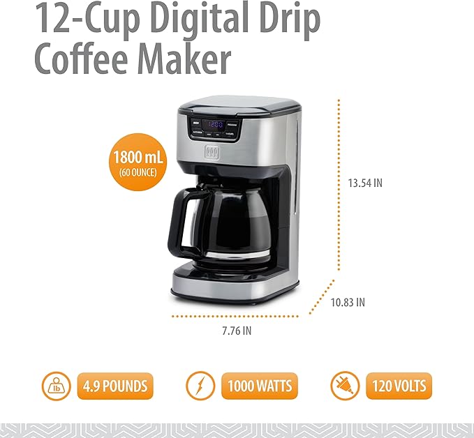 Toastmaster 12-Cup Digital Drip Coffee Maker Stainless Steel TM-129CM