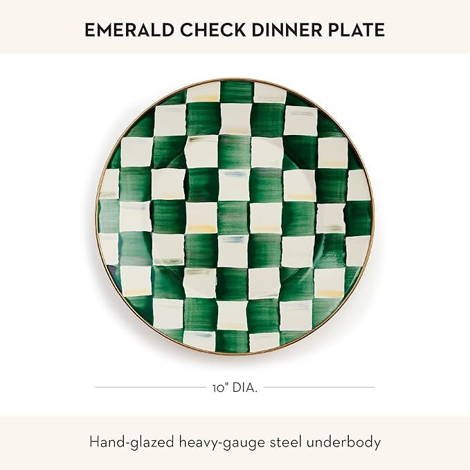 MACKENZIE-CHILDS Enamel Dinner Plate Decorative Dinnerware Plate 10 Inches Green-and-White Emerald Check