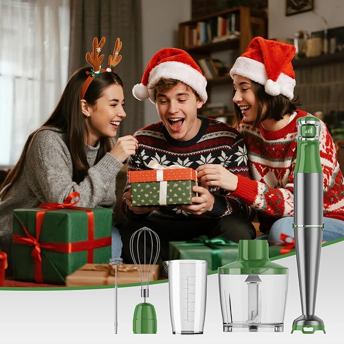 Immersion Blender Handheld Corded Hand Blenders Set 1100W Trigger Variable Speed 5 in 1 Stick Emulsifier with Chopper Whisk and Frother for Soup Baby Food and Smoothies Green