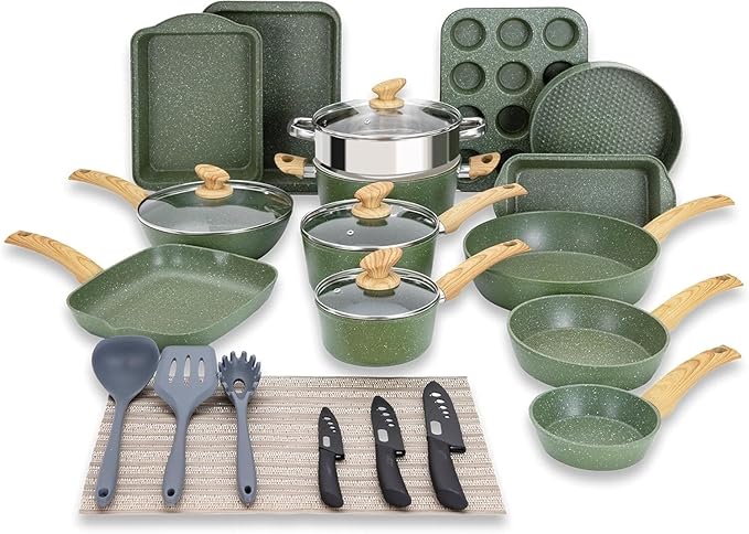 Pots and Pans Set Nonstick 30 Pieces Induction Kitchen Cookware and Bakeware Sets Green Granite Coating Cooking Pans Set