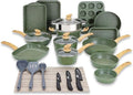 30-Piece Non-Stick Cookware and Bakeware Set - Granite Coated Kitchen Pots and Pans Including Baking Tray Frying Pan and Saucepan Stylish Green Design