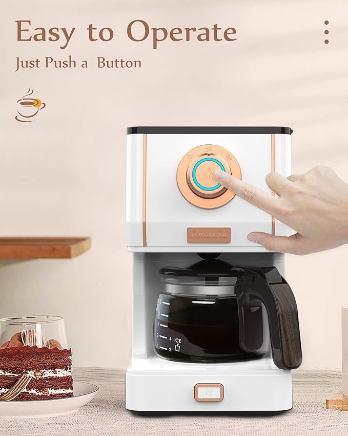 Amaste Retro Style Coffee Machine with 25 Oz Glass Coffee Pot Reusable Coffee Filter &amp Three Brewing Modes Warming Plate Elegant White with Rose Gold