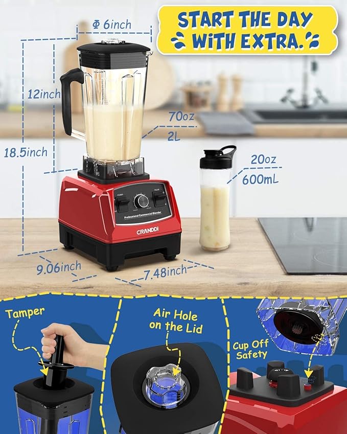 CRANDDI Professional Blender1500 Watt Commercial Blenders for Kitchen with 70oz Capacity and Self-Cleaning Classic Blenders for Shakes and Smoothies Build-in Pulse YL-010-R