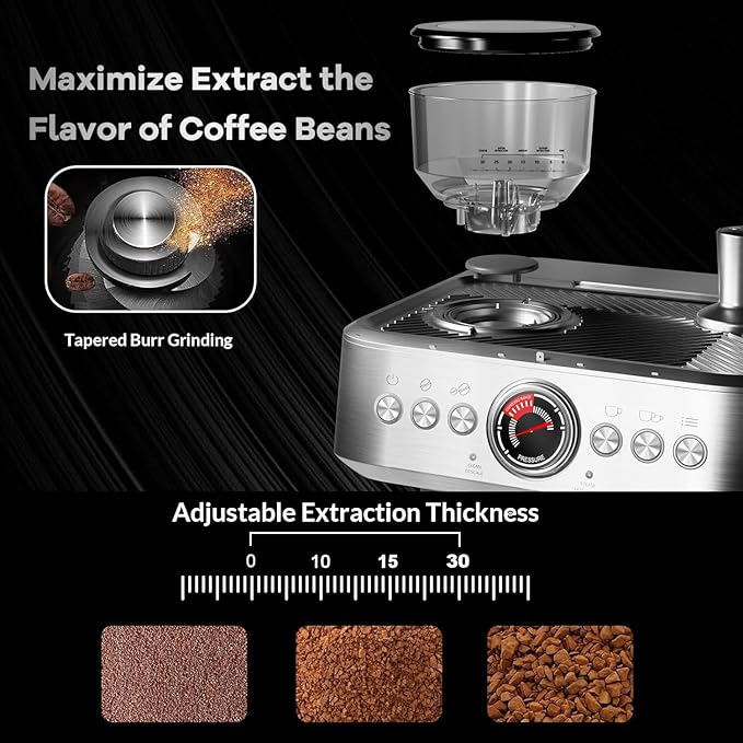 Espresso Maker 20 Bar Coffee Espresso Machine Maquina De Cafe Expresso 30 Grind Settings 2.8L Removable Water Tank With Milk Frother and Steam Wand Barista Home Cappuccino and Latte Machine