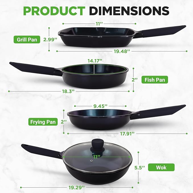 NutriChef NonStick Frying Pans – 5-Piece Skillet Set with Ceramic Coating Wok Grill Fry &amp Fish Pans – Compatible with All Cooktops Including Induction – Cool-Touch Handles Easy-Clean