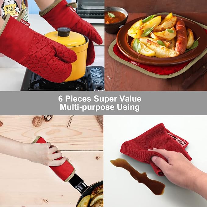 KEGOUU Oven Mitts and Pot Holders 6pcs Set Kitchen Oven Glove High Heat Resistant 500 Degree Extra Long Oven Mitts and Potholder with Non-Slip Silicone Surface for Cooking (Red)