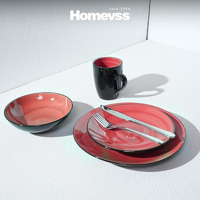 Sonoma 16 Piece Stoneware Dinner Set Red Outside Black + Inside Handpainted Color Red with speckle