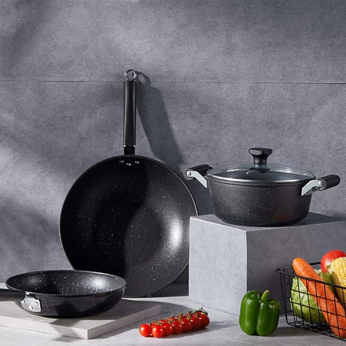 Saucepans and Frypans Set of 3–Non-Stick Tempered Glass Cover-Sturdy HandleUniversal Gas Induction CookerEasy to Clean Black Cookware Set