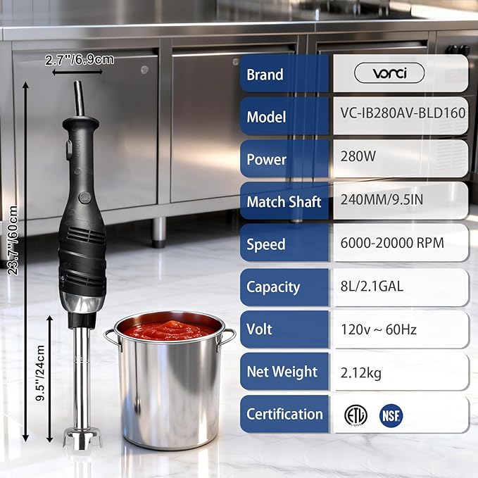 VONCI 280W Commercial Immersion Blender Light Duty Hand Blender with Variable Speed 6000-20000RPM Handheld Stick Mixer with 9.5 Detachable Shaft Professional Blender for Restaurant Kitchen.
