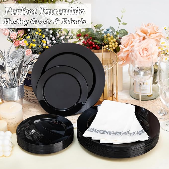 BESTSTAR 200PCS Black Plastic Plates Set 100 10.25 inch Dinner Plates and 100 7.5 inch Dessert Plates Premium Disposable Plates for Party Wedding