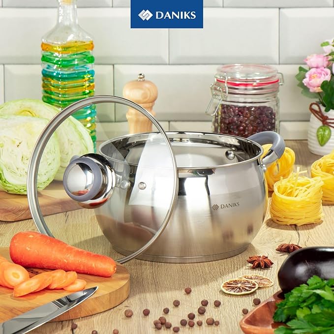 Daniks Modern 3 Quart Stainless Steel Stock Pot with Glass Lid Tri-Ply Bottom for Even Heating Induction Compatible Dishwasher Safe Heatproof Handles