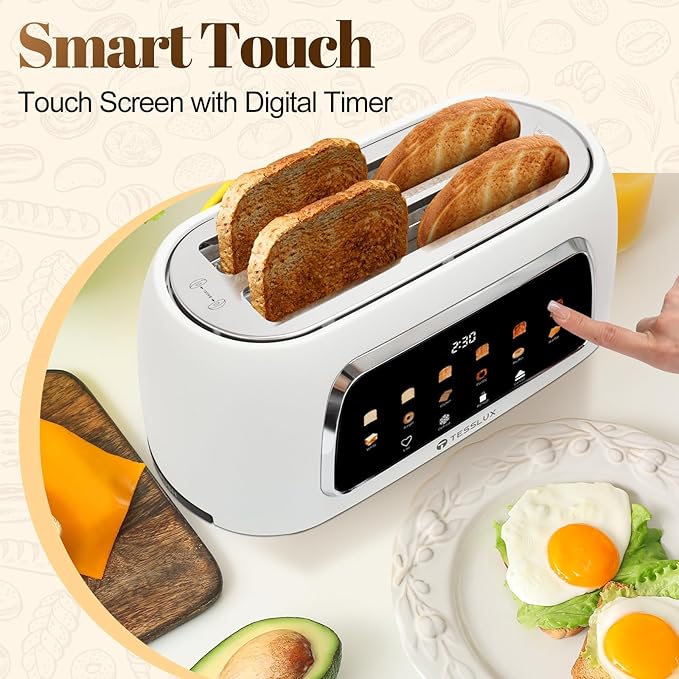 4 Slice Toaster with Touch Screen Control 1.5 Wide Long Slots 6 Browning Levels &amp 6 Bread Types Digital Timer Memory Defrost Reheat (WHITE)