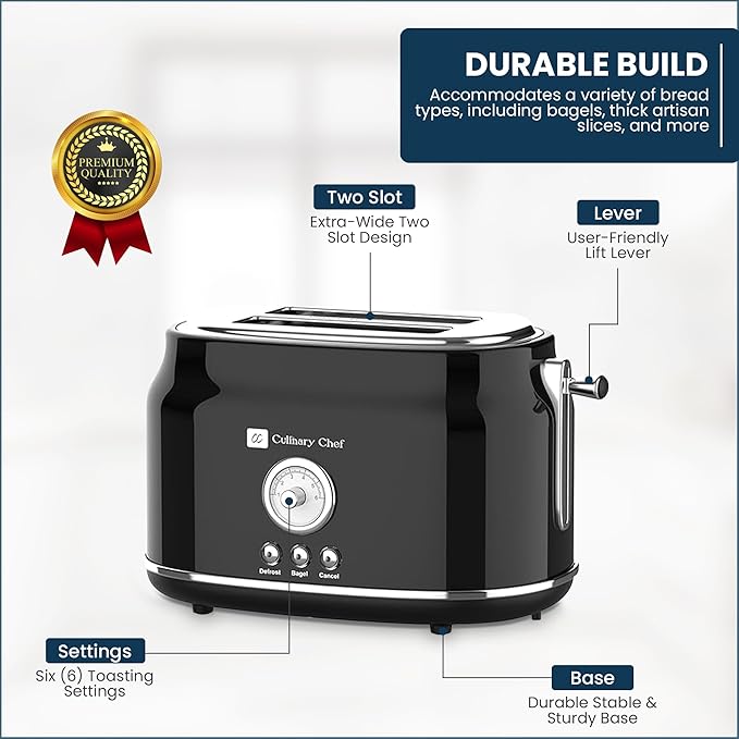 Frigidaire ETO102-WHITE 2 Slice Toaster Retro Style Wide Slot for Bread English Muffins Croissants and Bagels 5 Adjustable Toast Settings Cancel and Defrost 900w Black