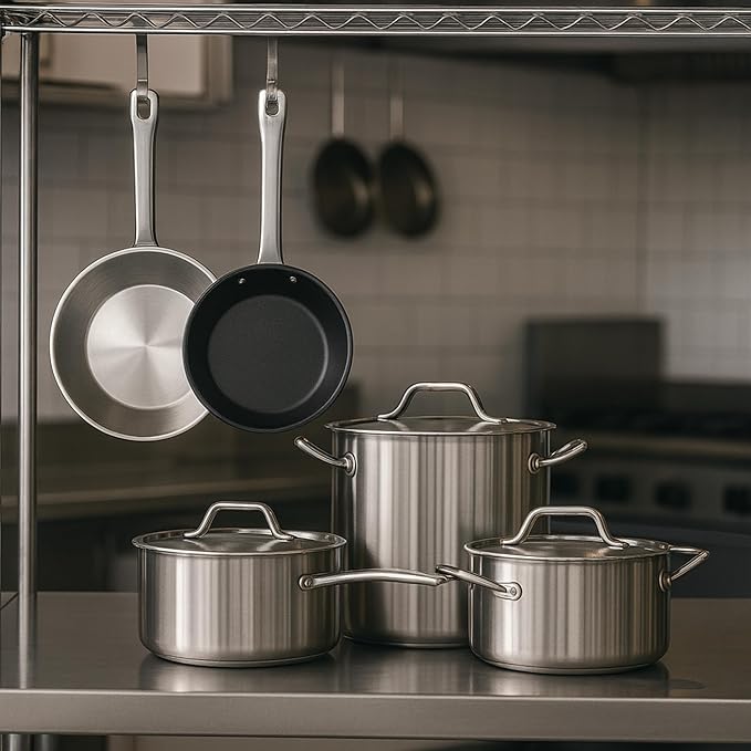 Stainless Steel Cookware Set Premium Induction Set with 5-Quart Sauté 3 Frying Skillets 3 Saucepans and 2 Large Stockpots Non-Toxic Stainless Steel Set (15-Piece)