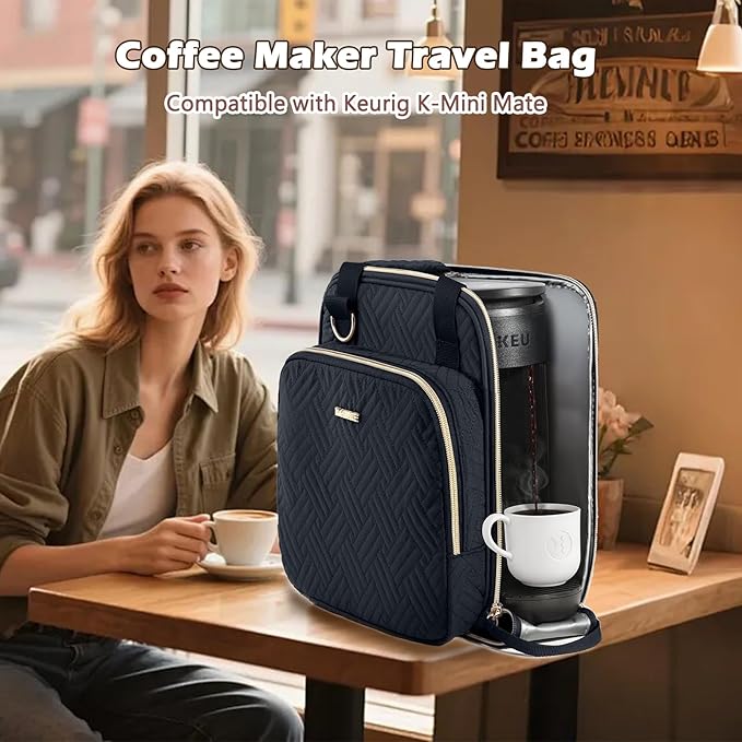 BAGSPRITE Coffee Maker Travel Bag Compatible with Keurig K-Mini Mate Full Open Carrying Case with Quilted Padded Soft Microfiber K--Cup Single Serve Coffee Maker Bag with Pod Organizer Mug Pockets