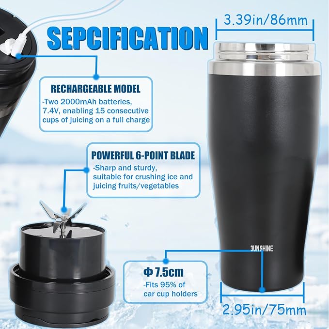 Ice Shave 2-in-1 Stainless Steel Vacuum Tumbler &amp Cordless Blender - 28oz Leak Resistant Cold 24Hrs/Ice 2 Days 120 Watts with Waterproof Charging - For Smoothies Home/Office/Car Black