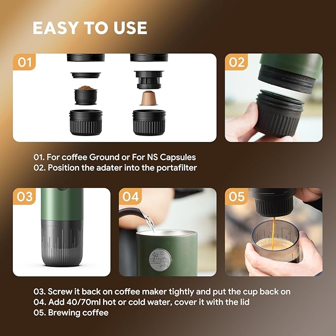 Portable Electric Espresso Machine Travel Coffee Maker for Camping Car Coffee Maker Self-Heating with USB-C 20 Bar Coffee Maker With Ground Coffee &amp NS Capsule for RV Hiking Office(Green)