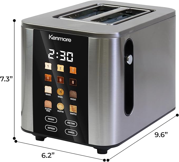 Kenmore 2-Slice Digital Touchscreen Toaster - 900W Stainless Steel Wide Slots 6 Shade Settings Bread Presets Countdown Timer Reheat &amp Defrost Functions Compact Countertop Design tostadora digi