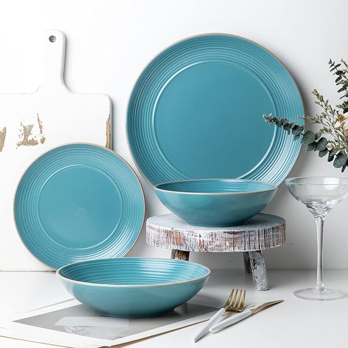 RINGAR Round Stoneware 16pc Double Bowl Dinnerware Set for 4 Dinner Plates Side Plates Cereal Bowls Pasta Bowls - Speckle Matte Turquoise (428525)