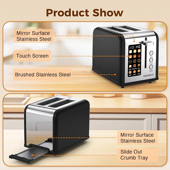 2 Slice Easy Touch Screen Toaster Stainless Steel Toaster with Wide Slots Even Toasting for Bagels &amp Bread Reheat &amp Defrost Removable Crumb Tray Matt Black