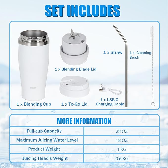 Ice Shave 2-in-1 Stainless Steel Vacuum Tumbler &amp Cordless Blender - 28oz Leak Resistant Cold 24Hrs/Ice 2 Days 120 Watts with Waterproof Charging - For Smoothies Home/Office/Car White