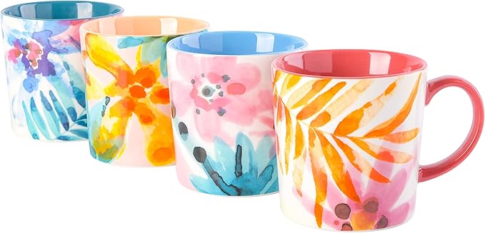 Spice by Tia Mowry Floral Garden 4 Piece Large 17OZ Decorated Porcelain Mug Set