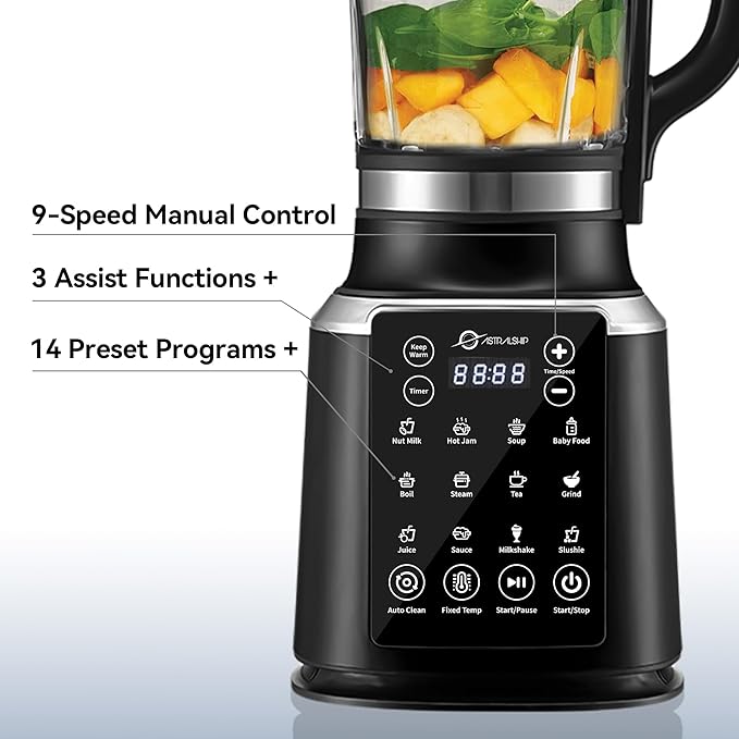 Glass Blenders for Kitchen with Tamper Blender for Smoothies Professional Blenders 1500W Motor 9 Adjustable Speeds 14 Preset Programs High-Speed Heating Blender for Nut Milk Soups Sauces &amp